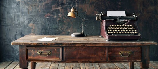 Wall Mural - Vintage-style office desk on a wooden table backdrop with a copy space image.