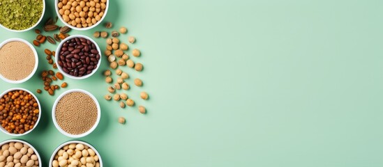 Poster - Top view of white bowls containing dried chickpeas, assorted legumes, and spices on a light green backdrop, ideal for promoting vegetable protein, copy space image.