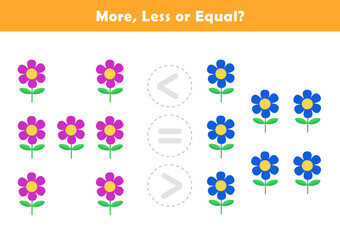 Wall Mural - Comparison Worksheet with Cute Cartoon Flower for Kids. Counting Games for Preschoolers. More or Less Worksheet for Kindergarten.