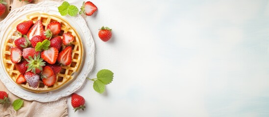 Aufkleber - Enjoy a summer-themed breakfast featuring Belgian waffles and fresh strawberries on a white table with a copy space image for a decorative touch.