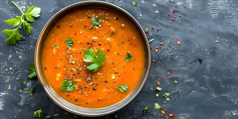 Wall Mural - Indian Masala Mushroom Soup in Ceramic Bowl A Topdown View. Concept Indian Cuisine, Mushroom Recipes, Soup Presentation, Food Photography, Topdown View