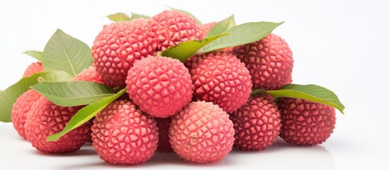 Poster - Studio shot of stacked litchis on a white background with a copy space image available.