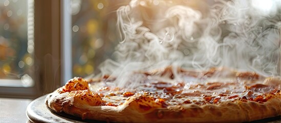 Poster - Pizza with steam rising against a window with copy space image.