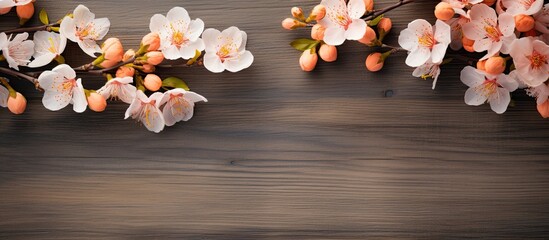 Fototapete - Apricot blossoms displayed against a wooden backdrop in a vibrant copy space image.