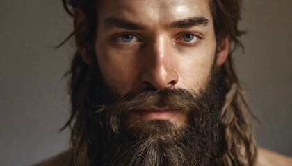 Wall Mural - The image is a portrait of a man with long brown hair, blue eyes, and a beard. He is looking at the camera with a neutral expression.

