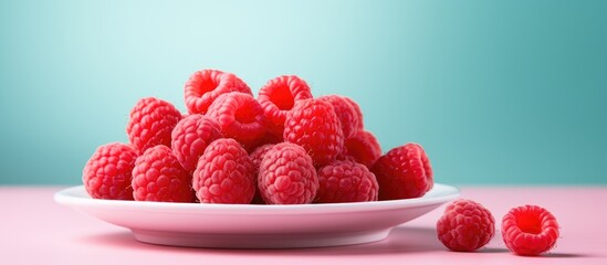 Leinwandbilder - Close-up shot of fresh red raspberries on a pink plate against a light background, illustrating a healthy eating concept with ample copy space image.