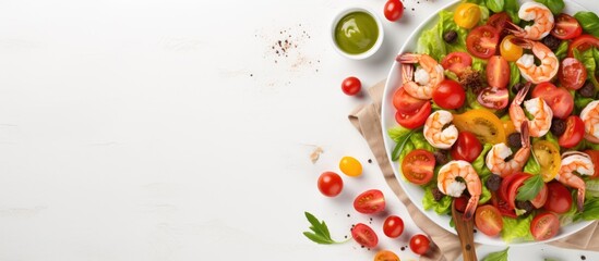 Wall Mural - Flat lay of a tasty salad with shrimp, tomatoes, and croutons on a white table, offering a spacious area for text in the image. with copy space image. Place for adding text or design