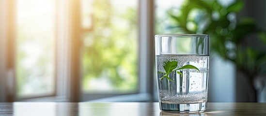 Poster - A thirsty person filled a glass with pure tap water in the kitchen, emphasizing the cleanliness and purity of natural water with a copy space image.