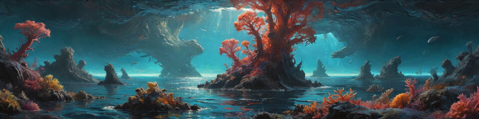 A wide, alien ocean scene with colossal, bioluminescent coral structures and strange sea creatures, captured in thick oil layers that bring out the vivid colors and surreal textures, Generative AI