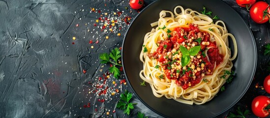 Fototapete - Turkish noodle pasta topped with tomato sauce, minced meat, and herbs. Includes copy space image.
