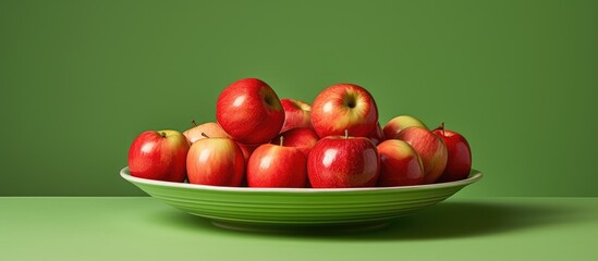 Wall Mural - Apples without skin arranged on a green plate with a blank background for adding text or images (copy space image).