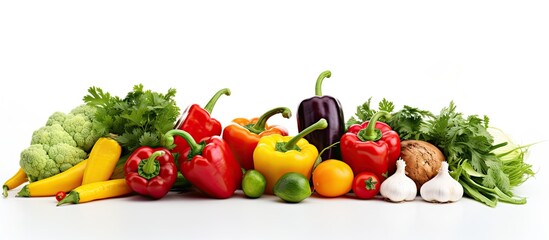 Aufkleber - Fresh organic vegetables on a white background, perfect for a menu or recipe, featuring bright peppers and other cooking ingredients with copy space image.