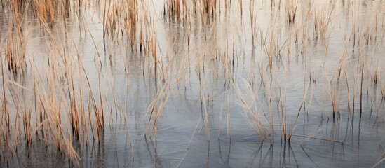 Poster - Texture of dry reeds and ice on a lake, captured in a close-up copy space image.