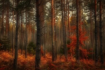 Wall Mural - Pine trees on a moody fall landscape with red and orande colors. generative ai.
