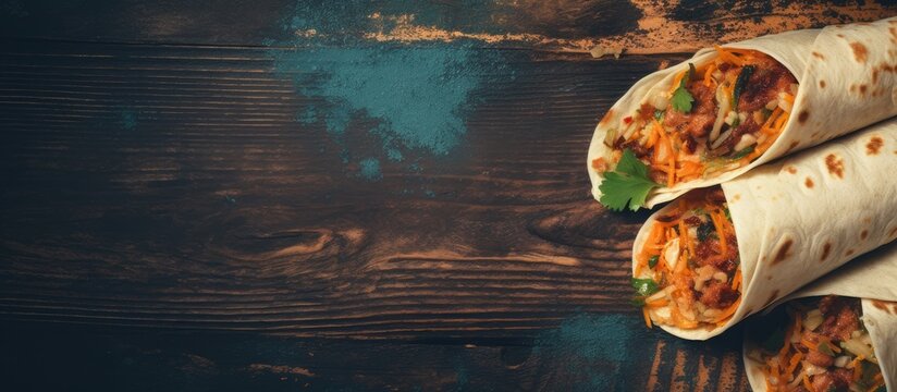 A top-down view of burrito tortillas on a lunch table with copy space image.