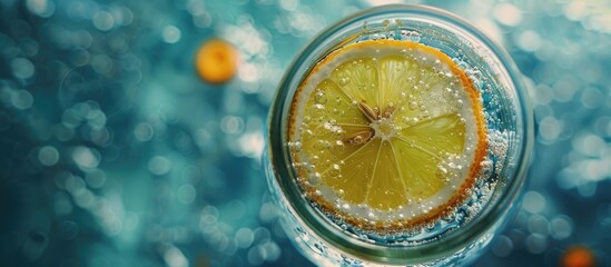 Poster - Overhead selective focus shot of a glass drinking jar filled with fizzy water featuring a lemon and lime flavor, with copy space image.