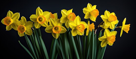 Leinwandbilder - Vibrant yellow daffodils against a black backdrop, allowing for copy space image.