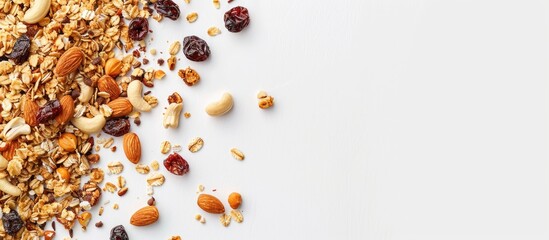 Aufkleber - Top view of a white background with a granola or muesli mix featuring nuts and raisins, accompanied by soft lighting for the perfect copy space image.