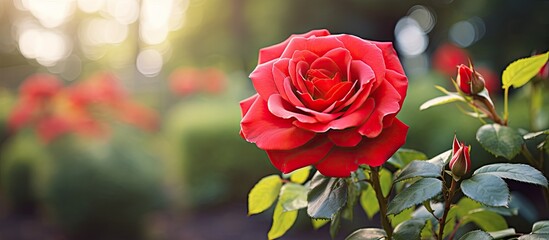 Fototapete - A beautiful red rose blooming on a tree in the garden with copy space image.