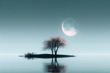 Wall Mural -  Minimalist wallpaper, minimalistic moonlit lake, calm and reflective atmosphere, natural style, simple, light background,