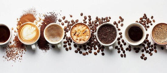 Fototapete - Various coffee types and ingredients displayed on a white background with available copy space image.