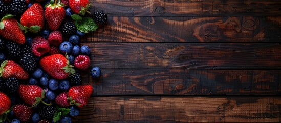 Aufkleber - Wooden table adorned with fresh ripe strawberries, blueberries, and blackberries in a top-down view, leaving room for a copy space image.