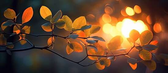 Fototapete - Sunset illuminating leaves on a nightly natural backdrop with copy space image.