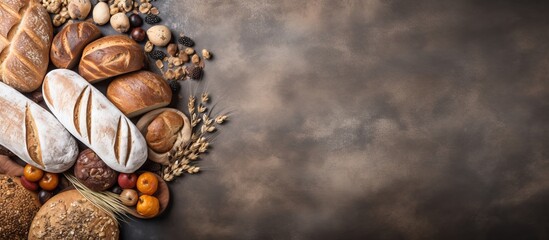 Aufkleber - Top view of a selection of rustic bread and rolls on a stone surface, with a blank area for adding your text in the image. with copy space image. Place for adding text or design
