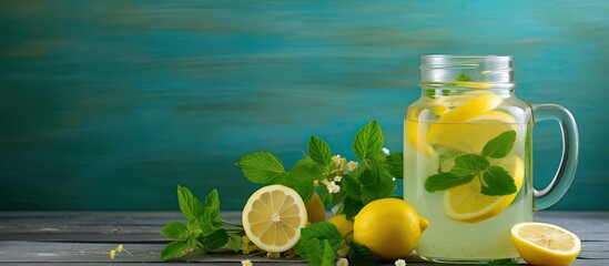 Poster - Homemade lemonade with lemon and mint in a Mason jar and jug, perfect for your copy space image.