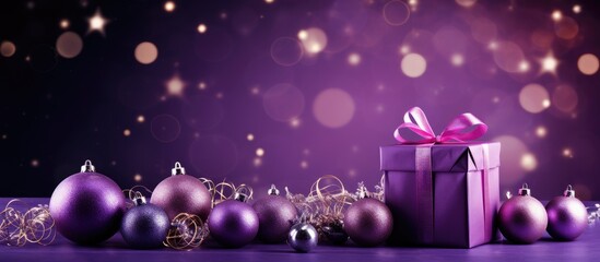 Poster - Festive Christmas-themed scene with a shiny purple gift box and glowing Christmas balls, creating a holiday atmosphere in the copy space image.