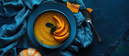 Aufkleber - Flat lay of pumpkin cream soup in a blue plate on a deep classic blue background with pumpkin slices, blue textile, and a spoon, creating a copy space image.