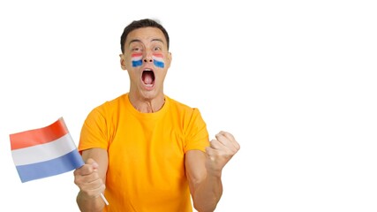 Man cheering for Holland screaming and waving a national flag