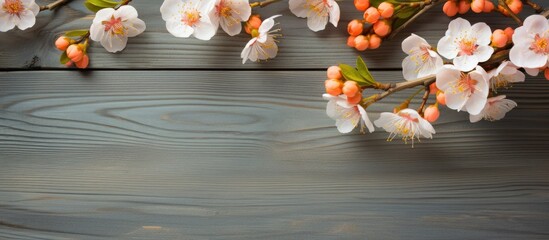 Fototapete - Apricot blossoms displayed against a wooden backdrop in a vibrant copy space image.