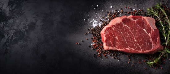 Fototapete - A top-down view showcasing a raw organic beef steak sprinkled with salt on a dark surface of black slate, stone, or concrete, complemented by a blank area ideal for adding text or images