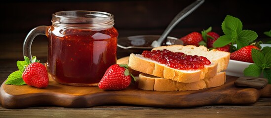 American breakfast style featuring homemade toast with butter, strawberry jam, and hot tea on a wooden cutting board atop a rustic table, ideal for a copy space image.