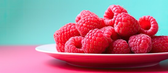 Wall Mural - Close-up shot of fresh red raspberries on a pink plate against a light background, illustrating a healthy eating concept with ample copy space image.