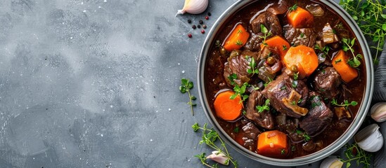 Poster - Vegetables accompany a beef bourguignon stew on a grey backdrop highlighting a copy space image.