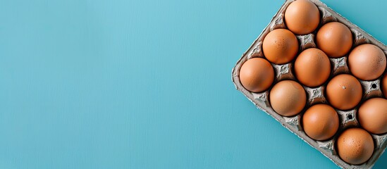 Poster - Fresh farm organic eggs in a tray on a blue background in a close-up shot, with ample space for text or images.