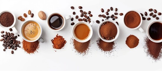 Fototapete - Various coffee types and ingredients displayed on a white background with available copy space image.