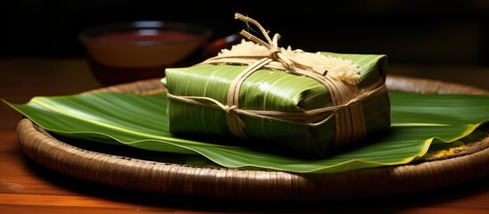 Aufkleber - Banana leaf wrapping food, featured on a bamboo container, like in Asian countries, with a copy space image.