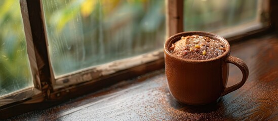 Fototapete - brown mug cake and window . with copy space image. Place for adding text or design