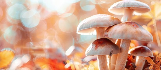 Poster - Beautiful Armillaria mellea mushroom. Brown cap mushroom. Autumn wild fungi. Armillariella mellea at the forest. pastel background. with copy space image. Place for adding text or design