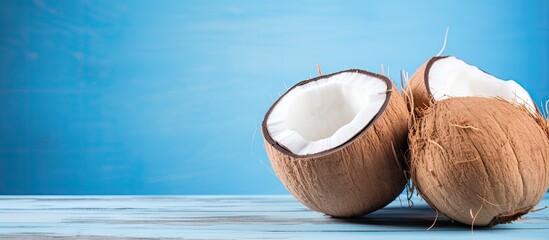 Aufkleber - Summer-themed image with fresh coconuts on a blue desk with a flat copy space photo.