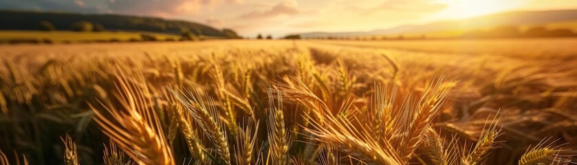 Golden wheat field at sunset, capturing the beauty of nature with warm sunlight illuminating the landscape. Ideal for agriculture and countryside scenes.