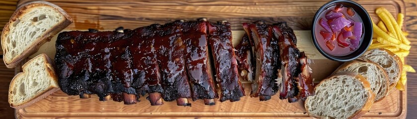 Wall Mural - Delicious grilled ribs with barbecue sauce, served with bread and pickled onions on a rustic wooden board.