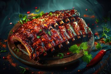 Wall Mural - Deliciously glazed barbecued pork ribs on a rustic wooden plate, garnished with fresh herbs and spices for a mouthwatering meal.