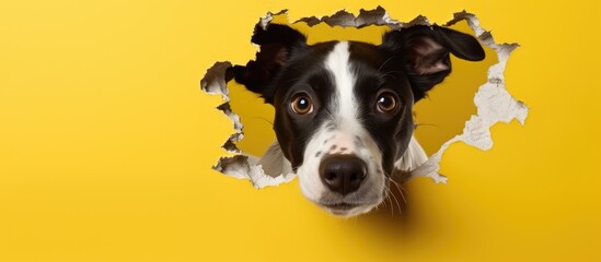 A pet gazes through a ripped paper backdrop in a studio with a yellow background, providing a copy space image.