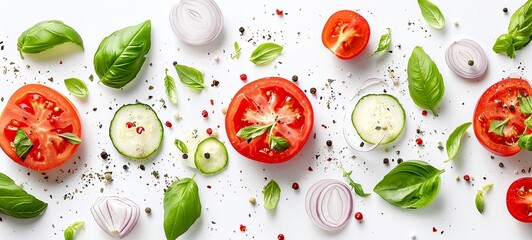 Wall Mural - Creative layout made from tomato slice, onion, cucumber, basil leaves. Flat lay, top view. Nutrition concept. Vegetables isolated on a white background.