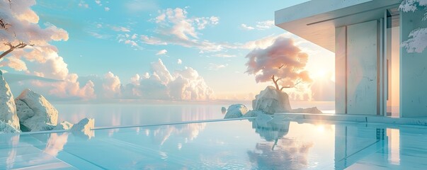 Poster - Serene Virtual Wellness Retreat in a Tranquil Digital Landscape with Reflective Pool and Architectural Design