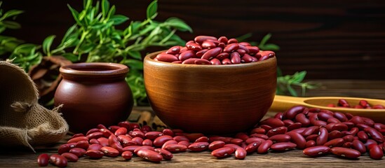 Poster - Red beans are arranged on a wooden table, creating a food-themed image with available copy space for text or design elements, embodying a natural concept.